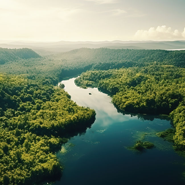 Grüne Landschaft mit einem Fluss, der sich durch dicht bewaldetes Gelände schlängelt